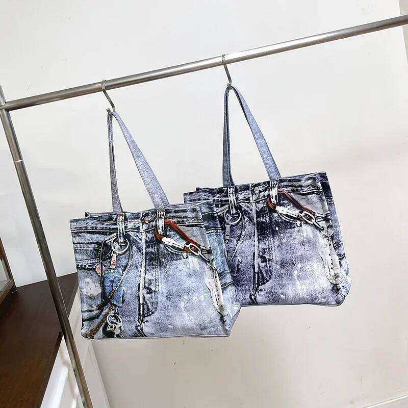 Denim Printing Handbag 2026 Hot Sale Trend Casual Youth Tote Light Luxury Fashion Sewing Thread Sweet Shoulder Bags