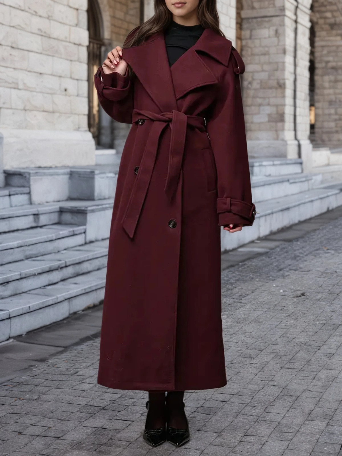 Autumn and winter womens double breasted turtleneck wool trench coat with belt decoration suitable for daily commuting 251231