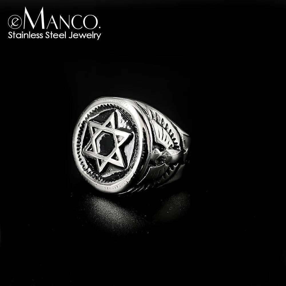 eManco Hot sale Stainless Steel Men Hip hop Star of David rings fashion vintage Hexagram ring jewelry