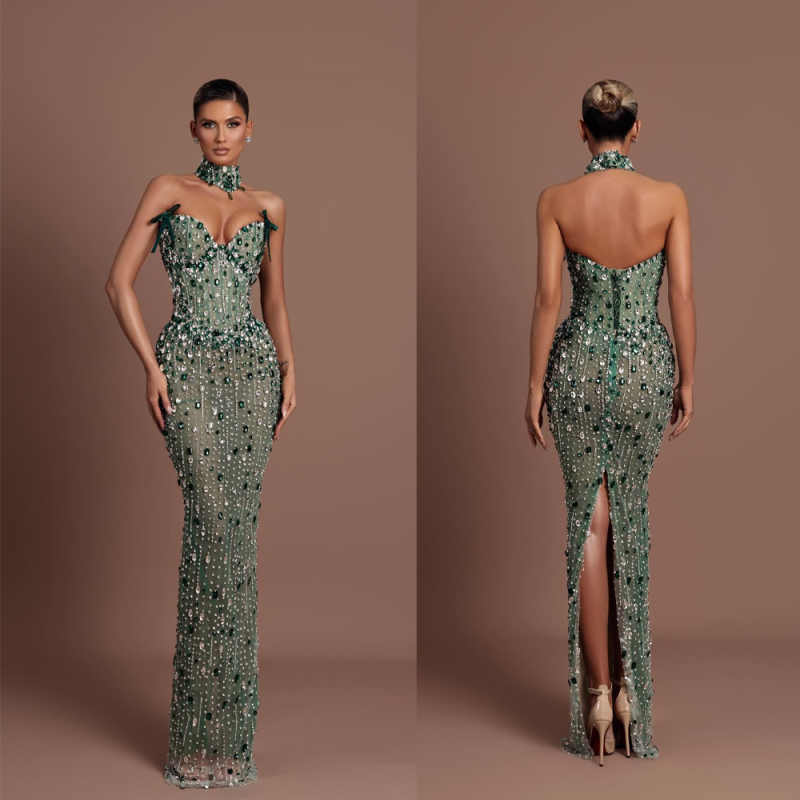Exquisite Crystal Beaded Mermaid Prom Gown Sexy Strapless Sleeveless Evening Dresses Back Slit Rhinestone Customized Party Dress