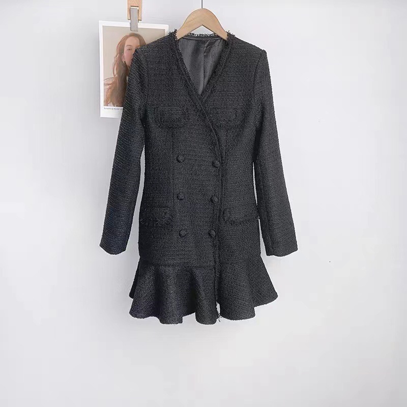 2023 Autumn Winter New Tweed Frayed Edge Patchwork Fake Two-Piece V-Neck Long Sleeve Dress