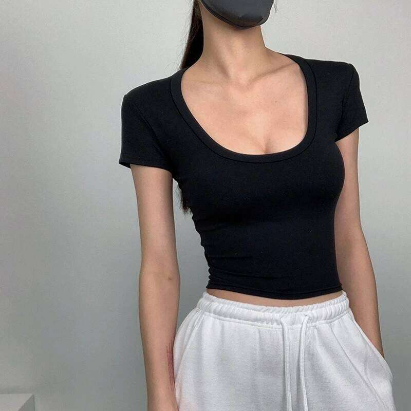 Women's Spring New Korean Style Versatile Belly Button Short Sleeve T-Shirt, Sexy Fitted U-Neck T-Shirt