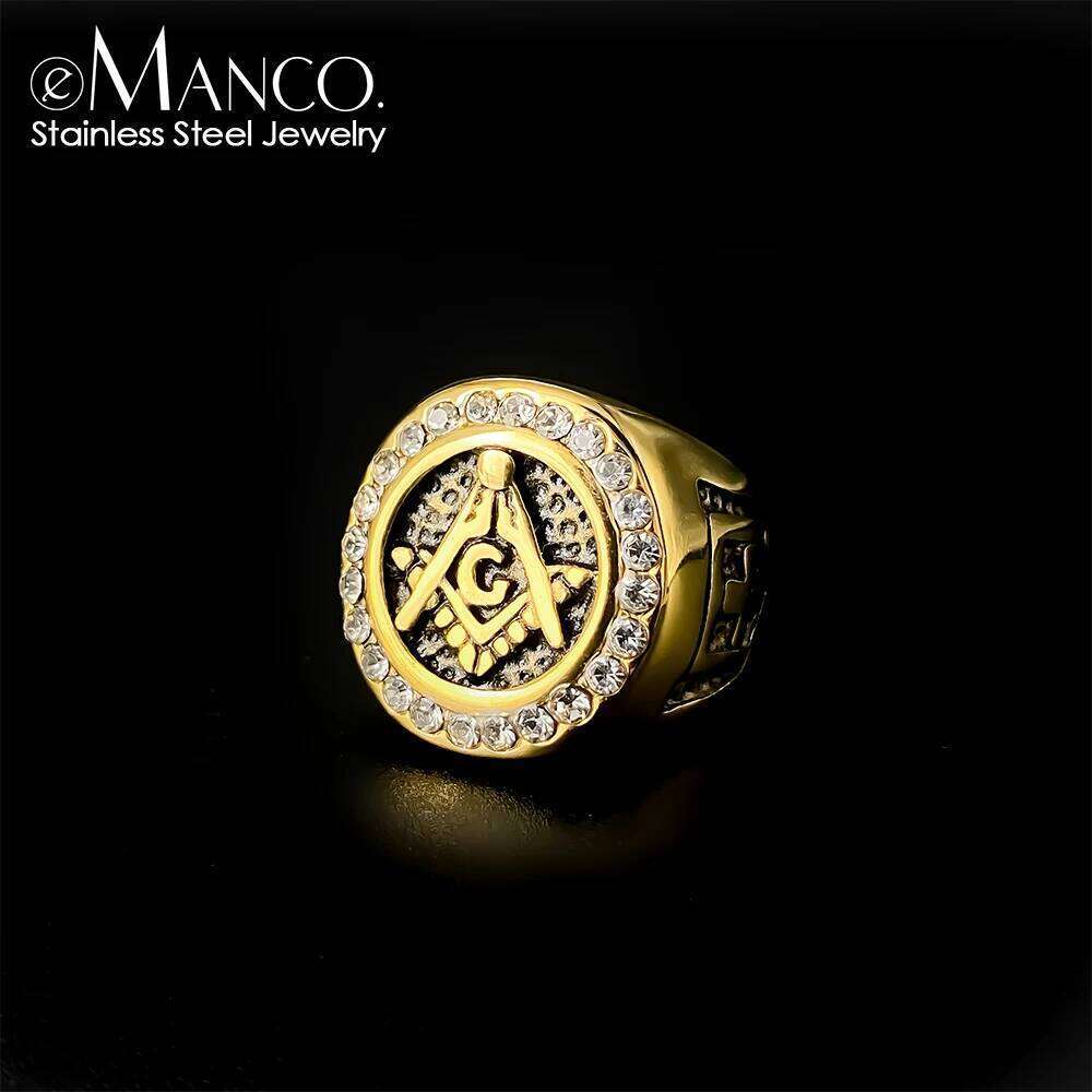 eManco Hot sale Fashion Jewelry Men Vintage Charm Mason Freemason Masonic Rings Punk Stainless Steel gold-plated Ring For Mens