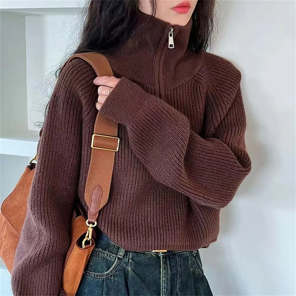 2026 Sweater Pullover Women Autumn Winter Korean Zipper Loose Style Sweater Female Tops Solid Color Pullovers 251224