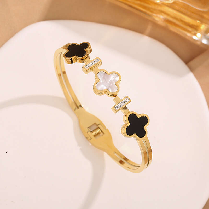 Women's Cuff Bracelet Fashion High-End Four-Leaf Clover Black White Titanium Steel for Women with Micro Inlaid Diamonds Personalized siver 925 an