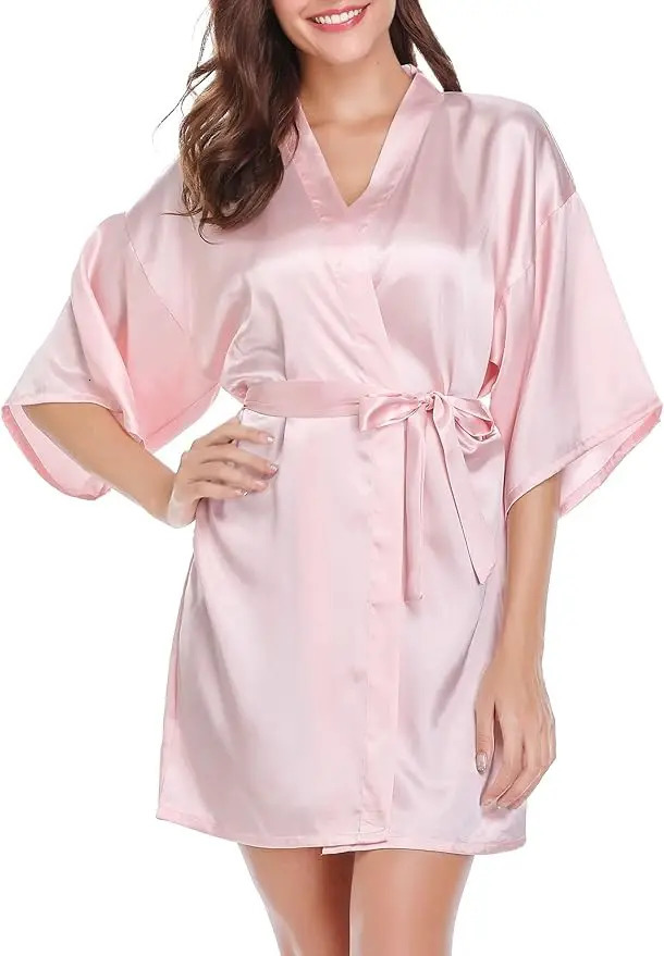 Womens Kimono Robes Dressing Gown Satin Bathrobe Nightdress Short Style Bridal Robe 251231
