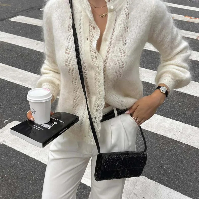 Tuularose Womens White Cardigan Fashion Hollow Lace Patchwork Loose Sweaters Elegant Office Basic Autumn Female Cardigan 251224