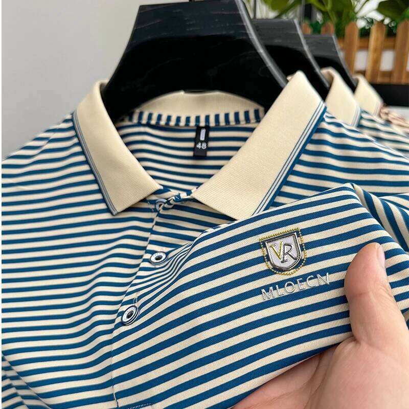 Brand men's striped polo shirt ice silk short sleeve summer fashionable print comfortable casual high-end T-shirt