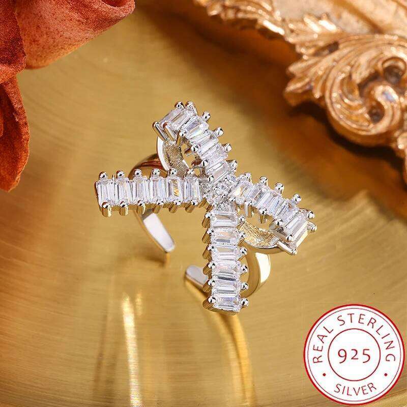 2026 Full Diamond Bow Zircon Ring for Women, Adjustable Open Band, Sparkling Crystal Jewelry Gift, 925 Silver Plated