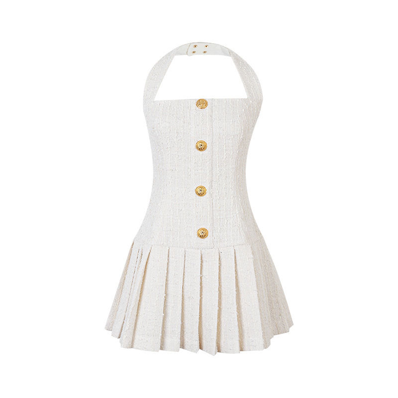 High-end Urban Sexy Women's Dress - Luxurious Versatile Casual Golden Button Thick Woolen Fabric Scoop Neck Wrap-style Dress