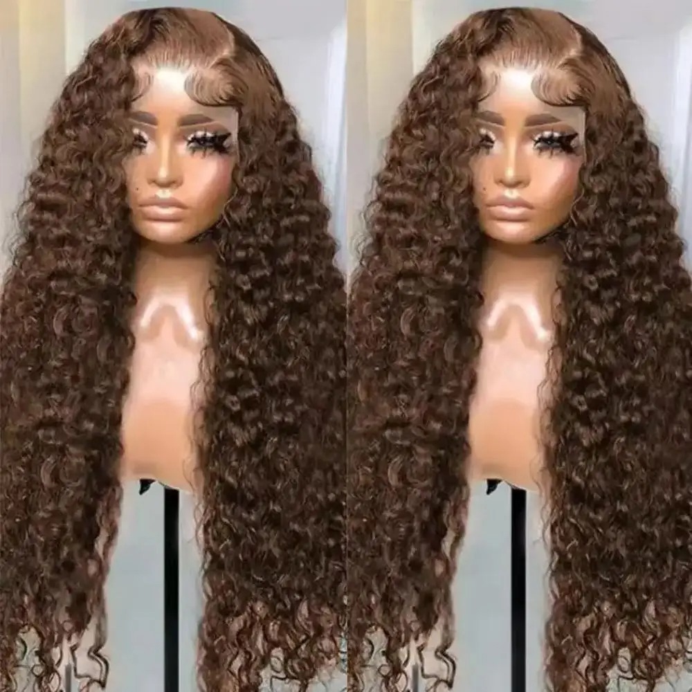 200 Density Chocolate Brown Curly Human Hair Wigs 30 40 Inch Hd Transparent Lace Frontal Deep Wave Wigs For Women 13x6 Lace Front Water Curly Wigs