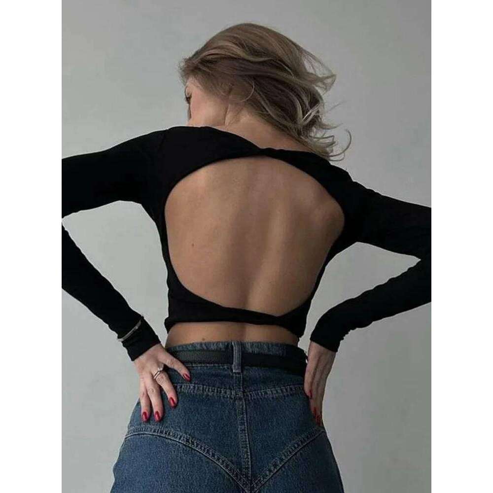Women's classic and simple backless long sleeved slim fit crop top T-shirt, cute, fashionable, wild women's street wear
