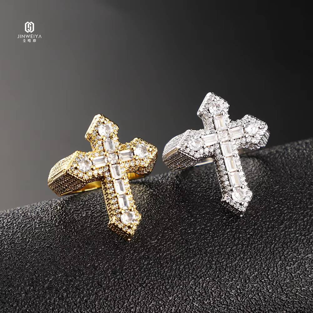 Factory Wholesale High Quality Christian Hip Hop Rings Gold Plated Moissanite Cross 925 Sterling Silver Ring for Men