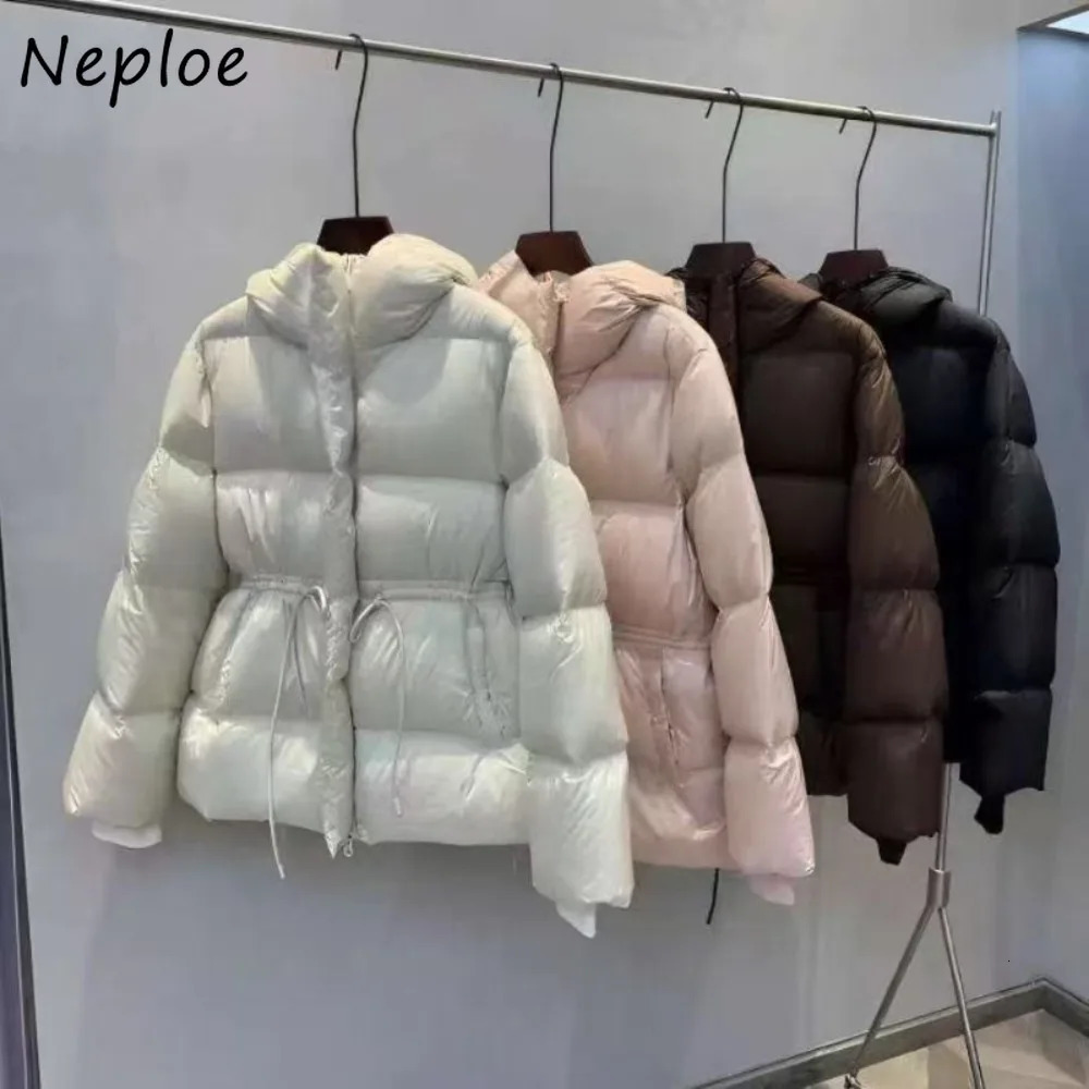 Neploe Hoody Drawstring Slim Waist Simple Parkas Small Fellow Moda Warm Veste Femme Plaid Ruched Long Sleeve Loose Soft Coat 251225