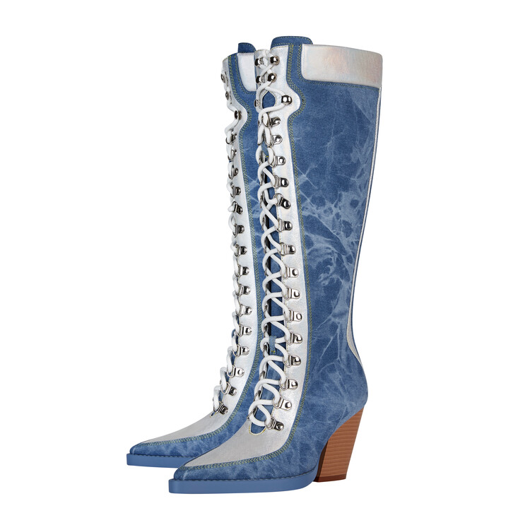 Chengdu Craftsmanship Washed Denim Western Boots 8.5cm Wedge Heel Lace Up Knee High Boots