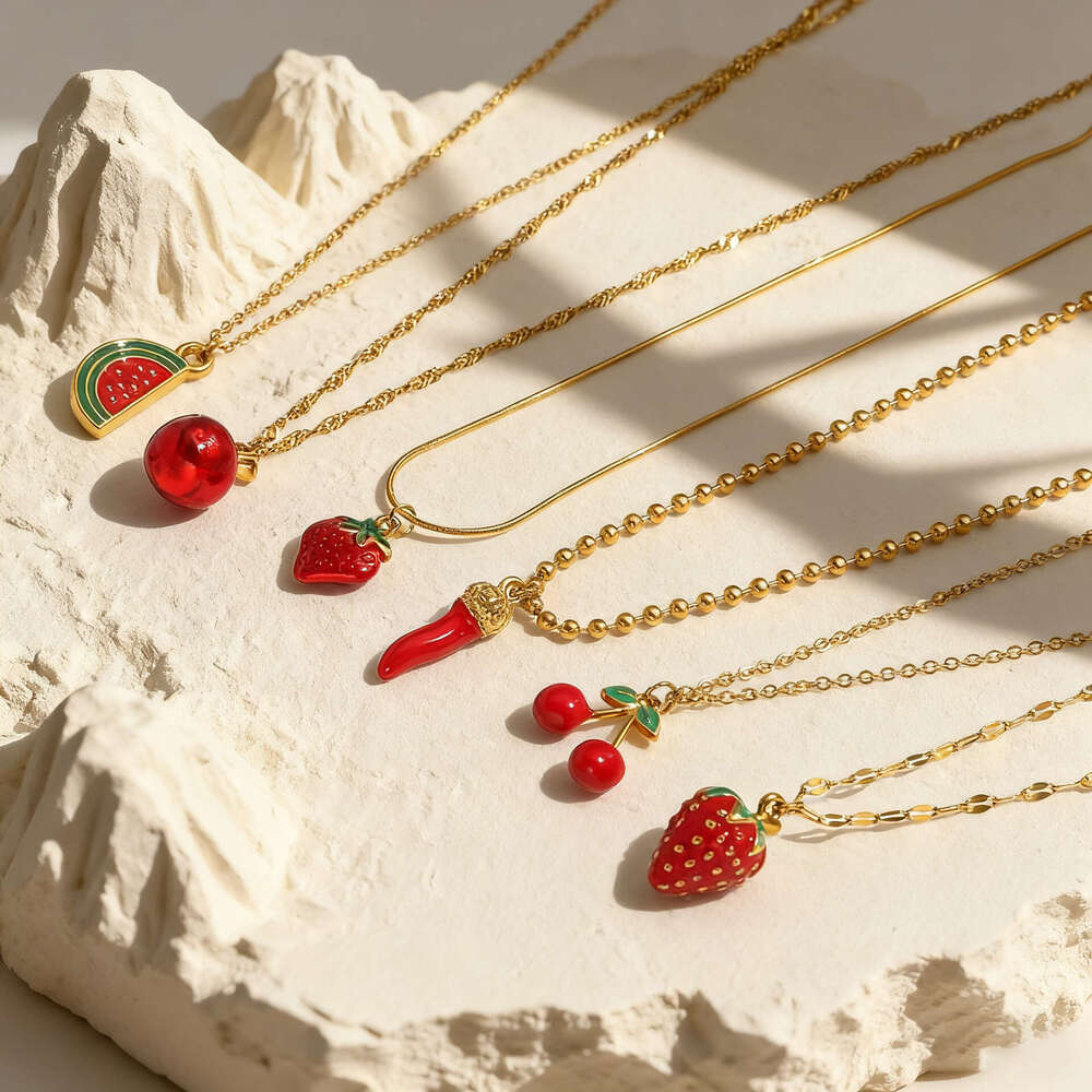 Cross-Border Jewelry Apple Cherry Pendant Necklace Stainless Steel Accessories for Women Light Luxury Niche High-End Feel Wholesale