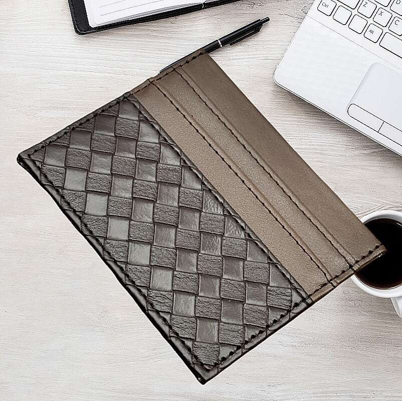 Ins Style Korean Woven Genuine Leather Business Case Storage Sleeve ID Holder Quilted Credit Card
