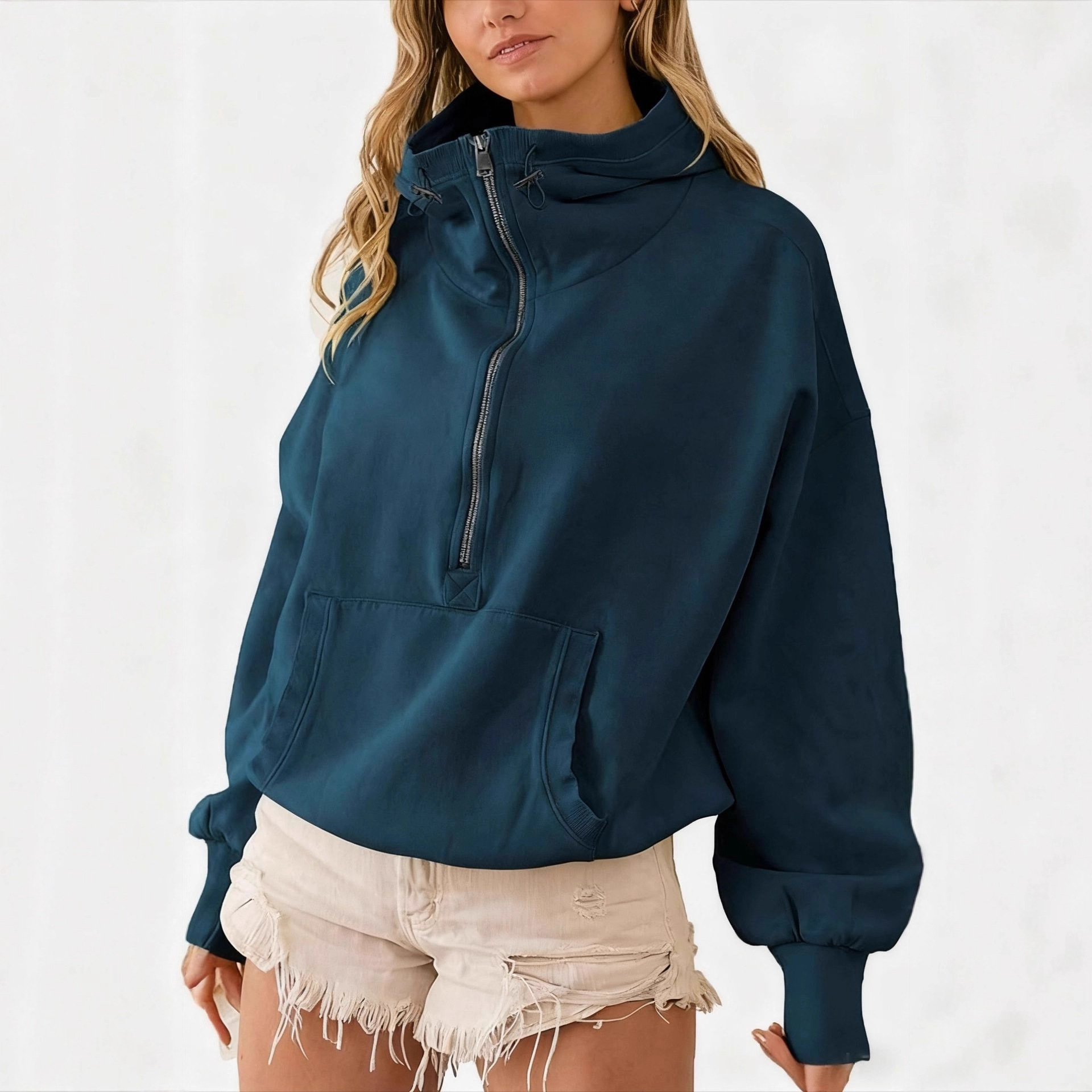 High Neck Hoodies for Women Oversized Half Zip Drawstring Y2K Pullover Sweater Casual Long Sleeve Sweatshirt with Pockets Free Shipping