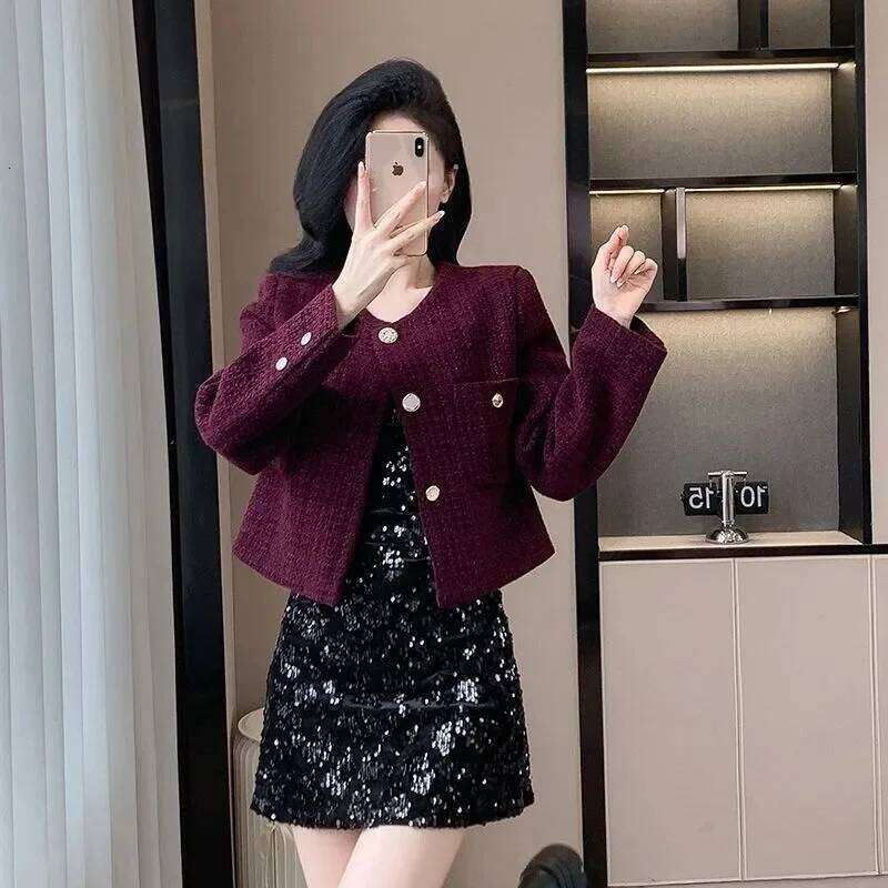 Purple Tweed Short Jacket Women's Coarse Woolen Coat Spring Autumn O-Neck Single-Breasted Streetwear Lady Outerwear