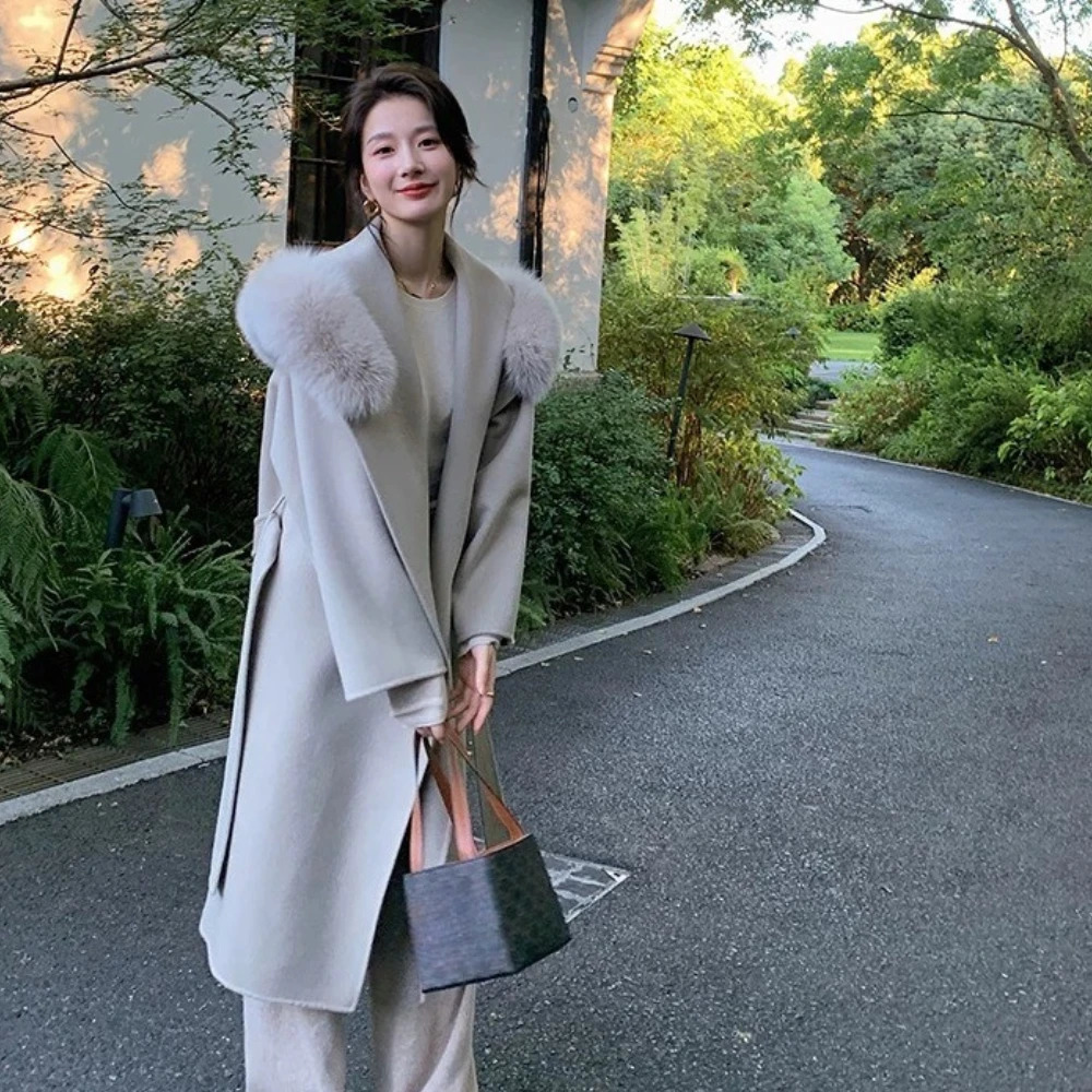 French Lazy 2025 Autumn Winter Fashion Hooded Double Faced Cashmere Coat Mid Length Real Fur Collar Wool Warm Women 251216