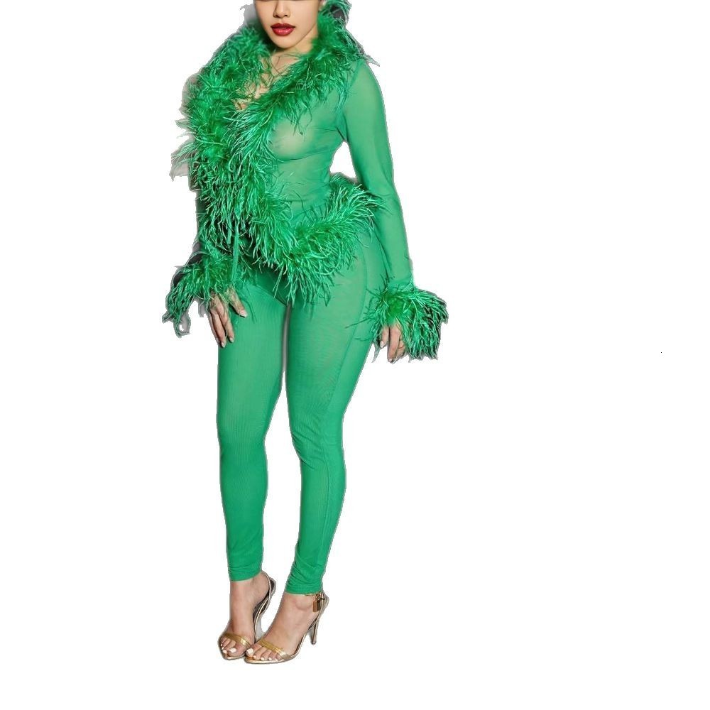 2025 Feather Patchwork Suit Fashion Casual Womens Sets Long Sleeve Tops and Pants Sexy Pink Elastic Two 2 Piece Set Outfits 251022