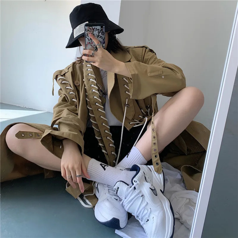 BJTZ Splicing Khaki Windbreaker Womens 2025 Spring Autumn Loose Temperament Midlength Drawstring n Trench Jacket 251231
