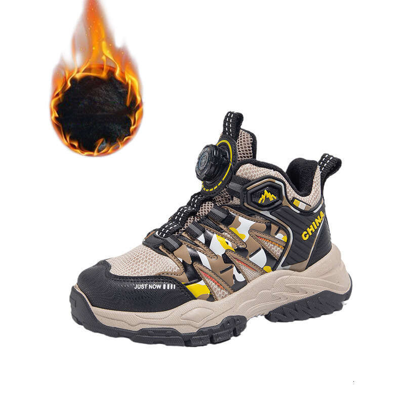 Boys Winter Fleece-Lined Cotton Rotating Button Hiking Shoes Cool Thick-Soled Fashionable Outdoor Footwear for Teenagers