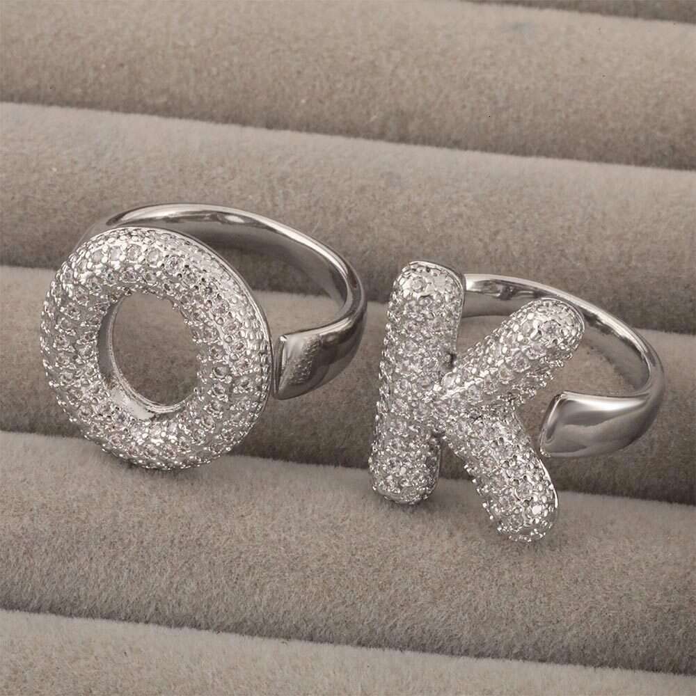 2 pcs Fashion Gold Ring 26 Alphabet Rings with Diamond Copper Inlaid Zircon Open Non-fading Jewelry for Women Wedding Party Birthday Minimalist Style