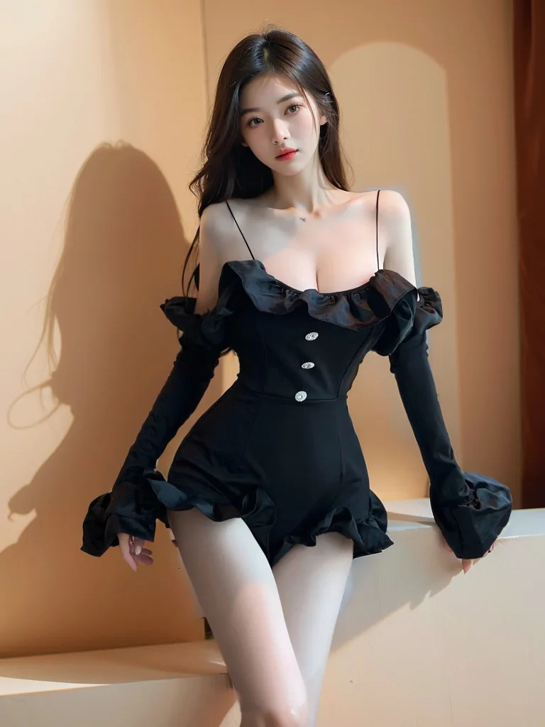 Sexy Solid Black Suspender One Shoulder Strapless Flounce Tight Bodysuits Soft Girl Onepiece Temperament Women Rompers E36L 251231