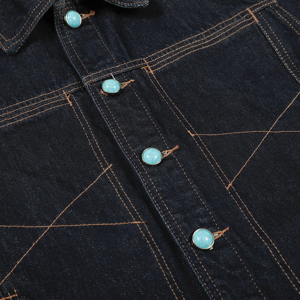 Men Turquoise Button Denim Jacket Casual Short Style Raw Jean Coat Vintage Outerwear 251230