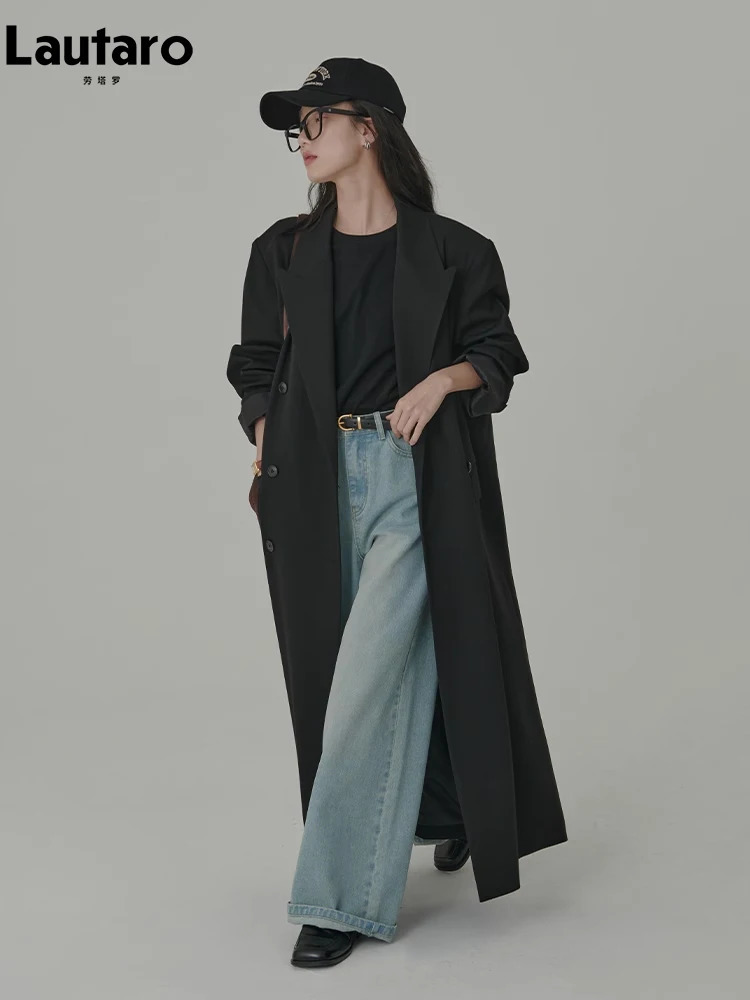 Lautaro Spring Autumn Long Loose Casual Flowy Black Trench Coat for Women Double Breasted Korean Style Maxi Overcoat 2023 251231