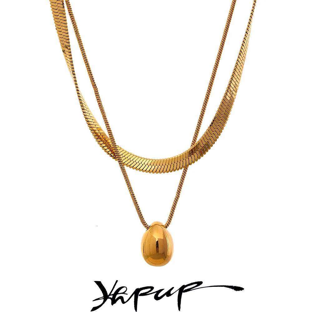 Yhpup Snake Chain Double Layer Stainless Steel Water Drop Pendant Necklace for Women Statement 18k Gold Color Jewelry Waterproof 26L0104