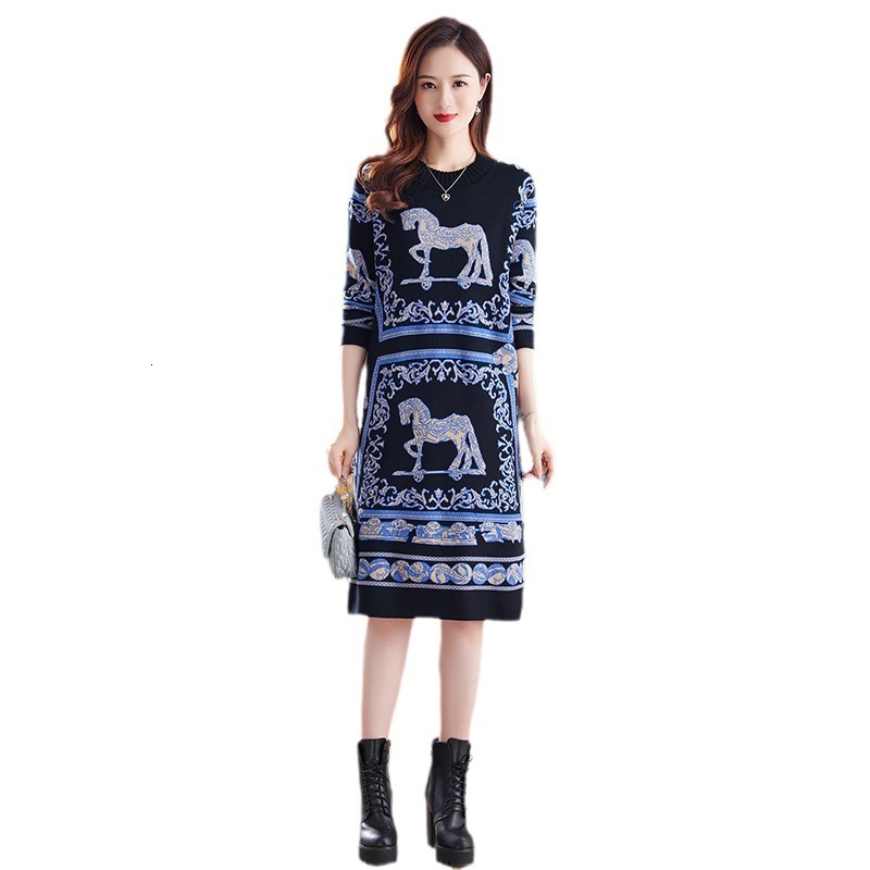 Urban Sexy High-quality Age-reducing Mid-aged Women's Dress - New Mid-length Knitted Dress With Loose And Fitted Design Basic Style Sweater Dress