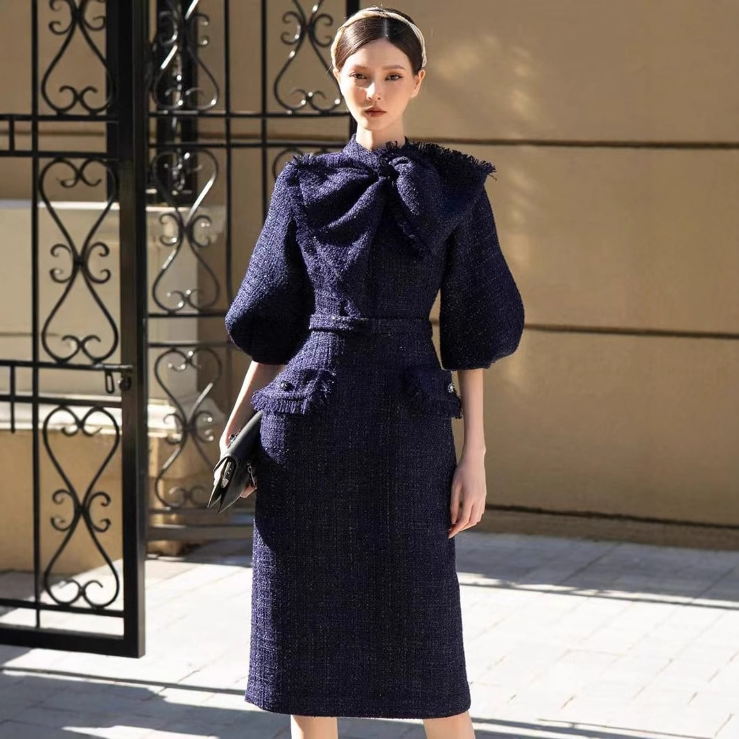 Fashionable And Elegant Urban Sexy Women's Dress 2026 Autumn New Style Tweed Mid-length Sleeve Bow Design Fitted Dress
