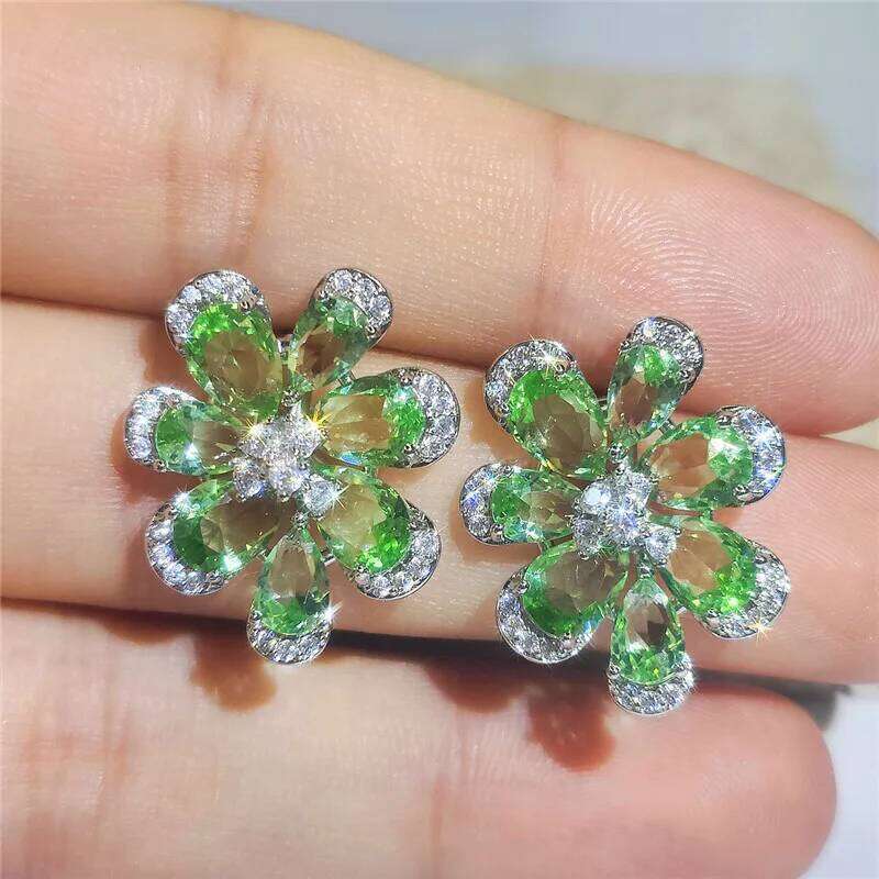 Luxury Female Crystal Green Stone Flower Stud Earrings Vintage Silver Color Wedding Jewelry For Women