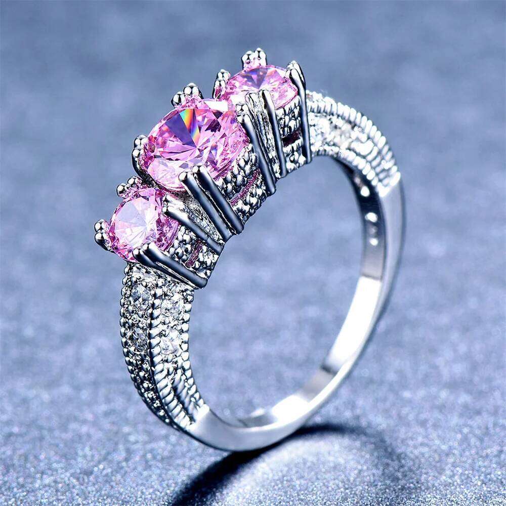 Elegant Pink Crystal Three Stone Engagement Rings For Women Trendy Silver Color Wedding Band Birthstone Jewelry Minimalist Gifts