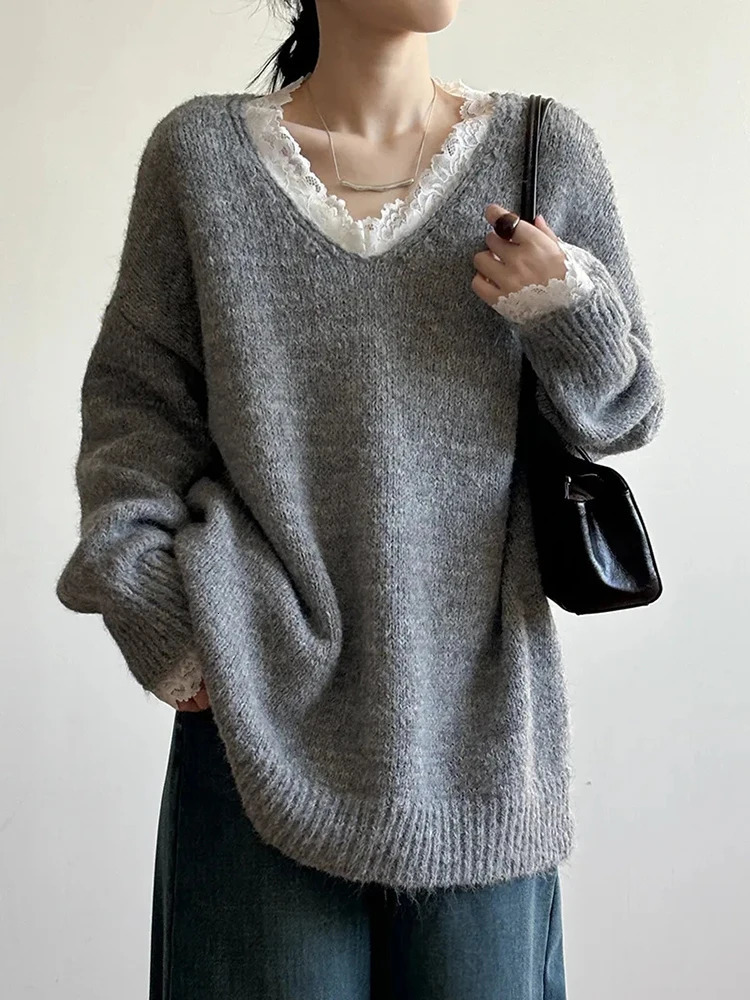 Aoaiiys Sweaters Women V Neck Lace Spliced Pullovers Vintage Chic Knitted Jumpers Autumn Winter Comfortable Loose Sweaters 251224