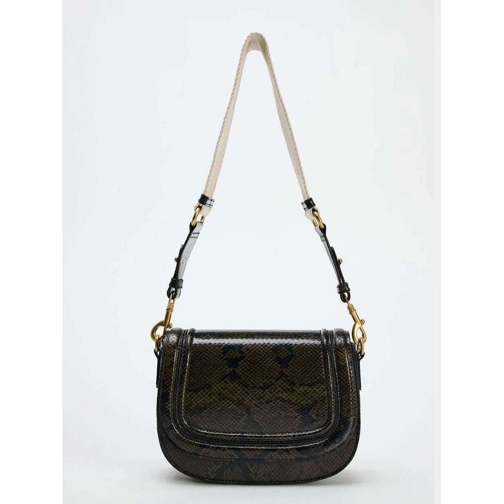 Saddle With Magnetic Buckle Flip Cover And Decorative Snake Print Crossbody Bag