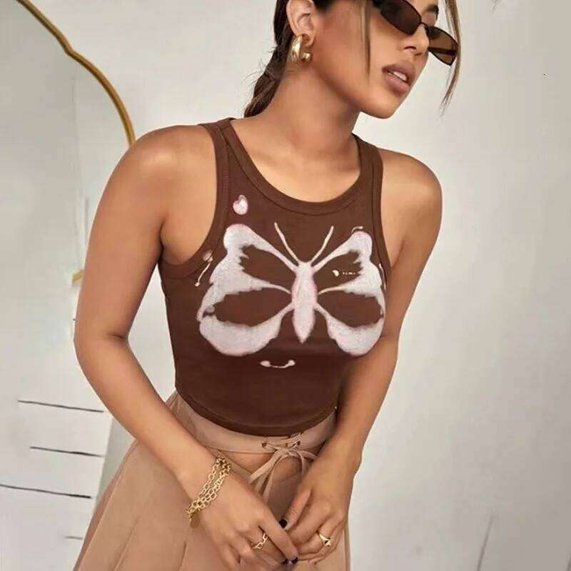 Printed Sleeveless Graphic T Shirts Y2k Aesthetic Clothes Crop Top Streetwear TanksRound neck sleeveless butterfly print cropped