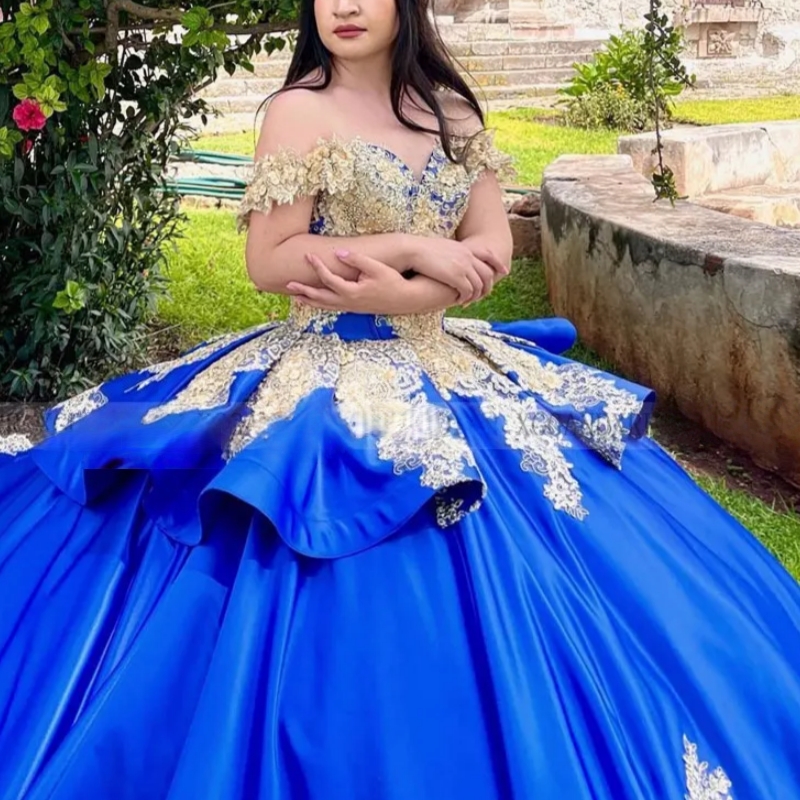Royal Blue Shiny Quinceanera Dresses Off Shoulder Ball Gown Sweet 16 Dress Applique Lacee Beading Birthday Party Vestidos 15 De Anos