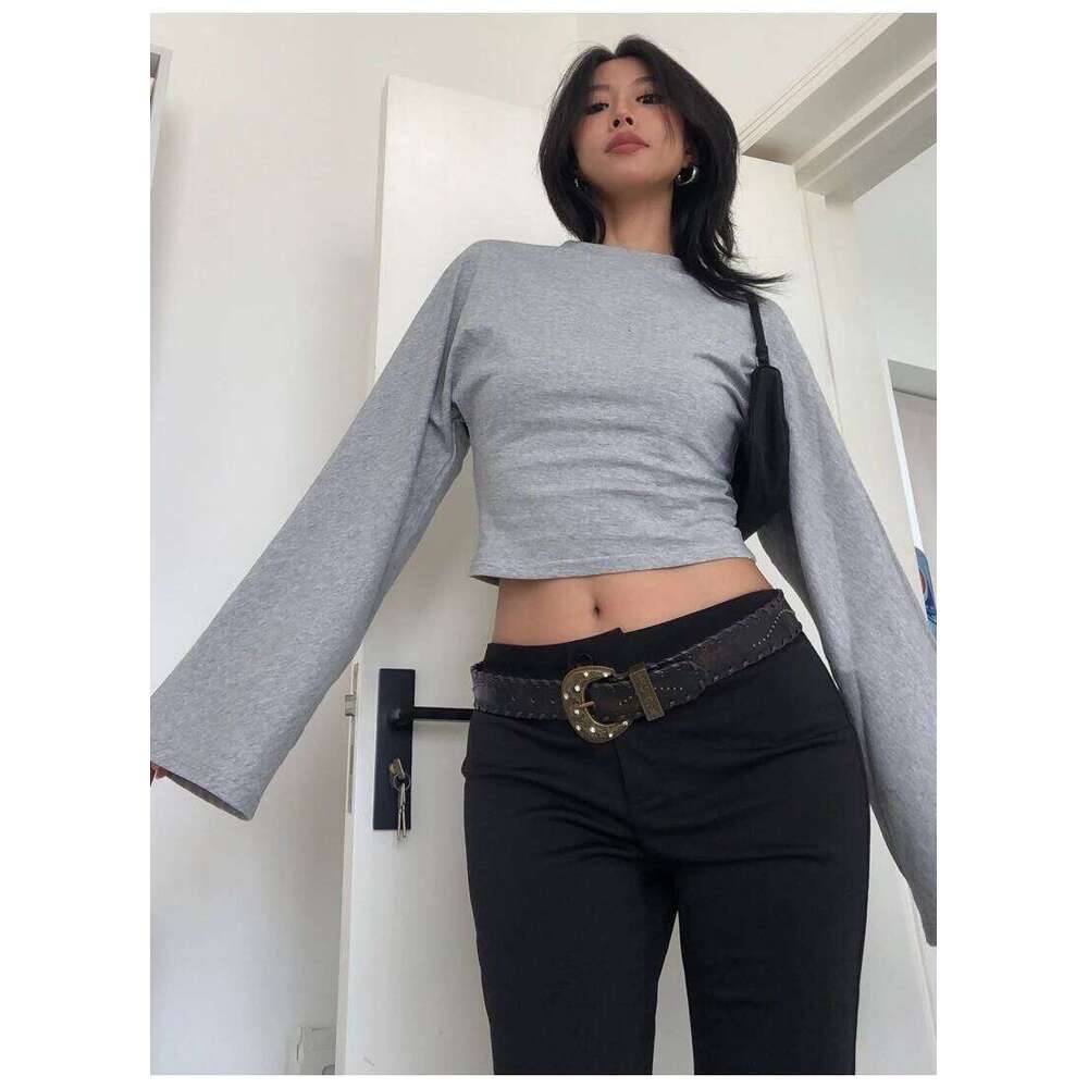 Basic slim fit long sleeved striped off shoulder round neck street style Spring and Autumn Y2K gray T-shirt for women