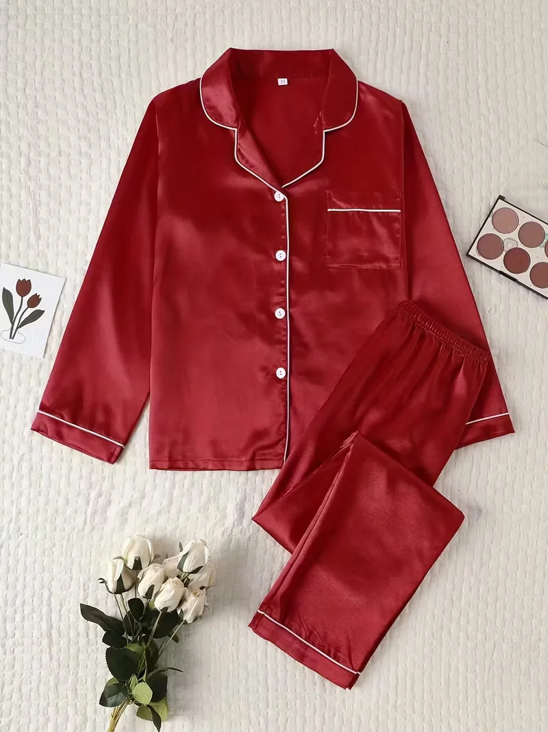 Women Autumn Winter Silk Pajamas Set Casual Soft Breathable and Relaxed Fit Long Shirt Tops Pants Sleepwear 251231