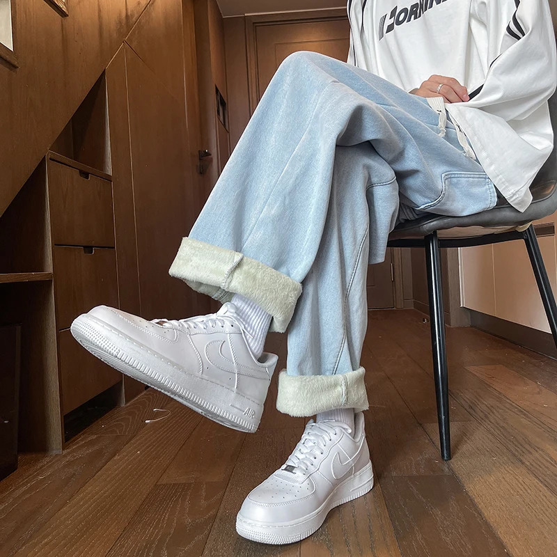 Thick Winter Straight Mens Jeans Fleece Warm Loose Plush Trousers Fashion Casual Wideleg Denim Pants Male 251226
