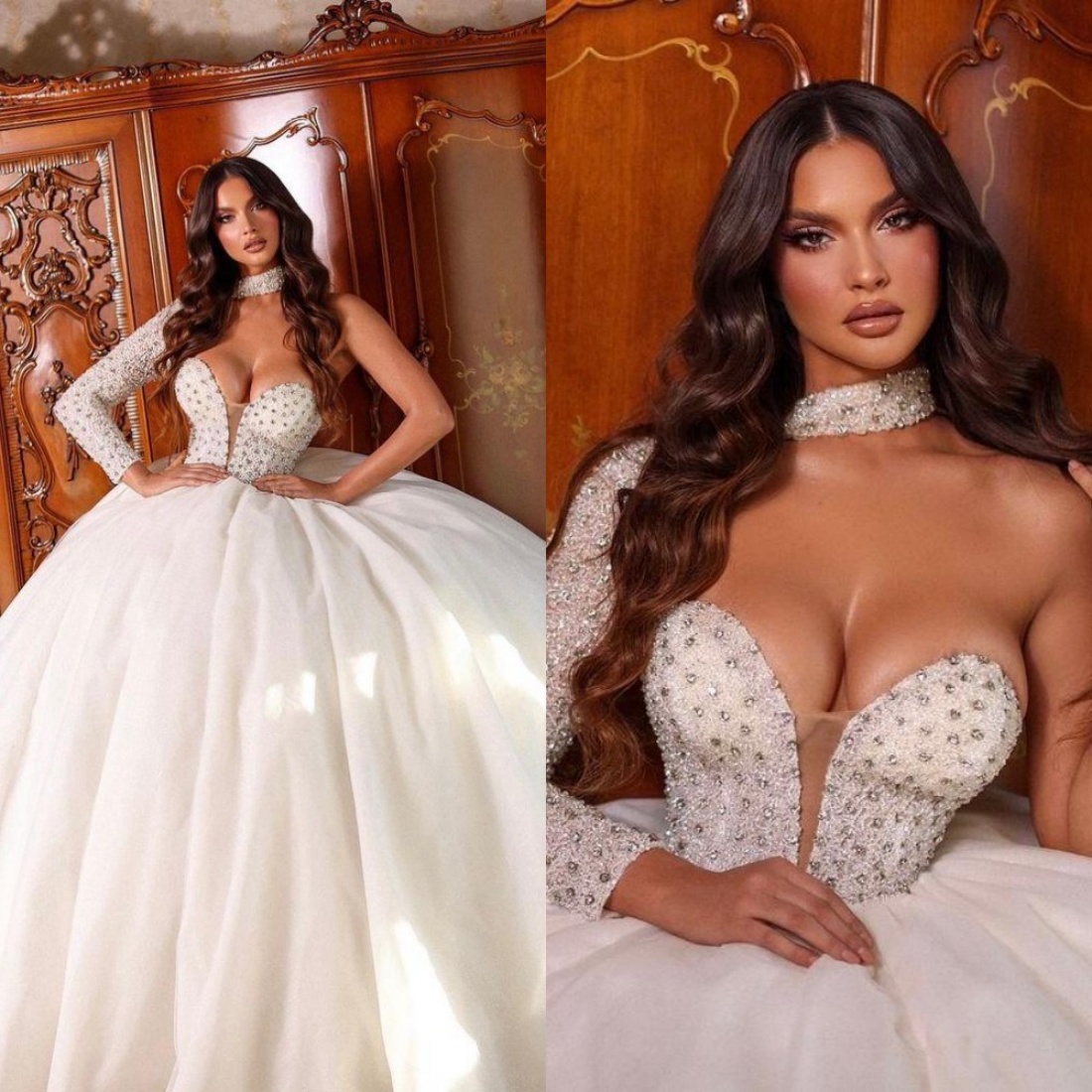 Luxury Puff Ball Gown Wedding Dresses One Shoulder Crystal Long Sleeve Bridal Dress Bride Girls Beads Gowns Customized