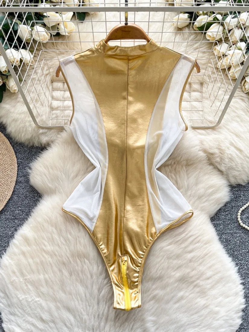 Foamlina Womens Metallic Mesh Bodysuit Mock Neck Leotard Bodycon Seductive Clubwear Sexy Top Rompers Jupsuit 251231