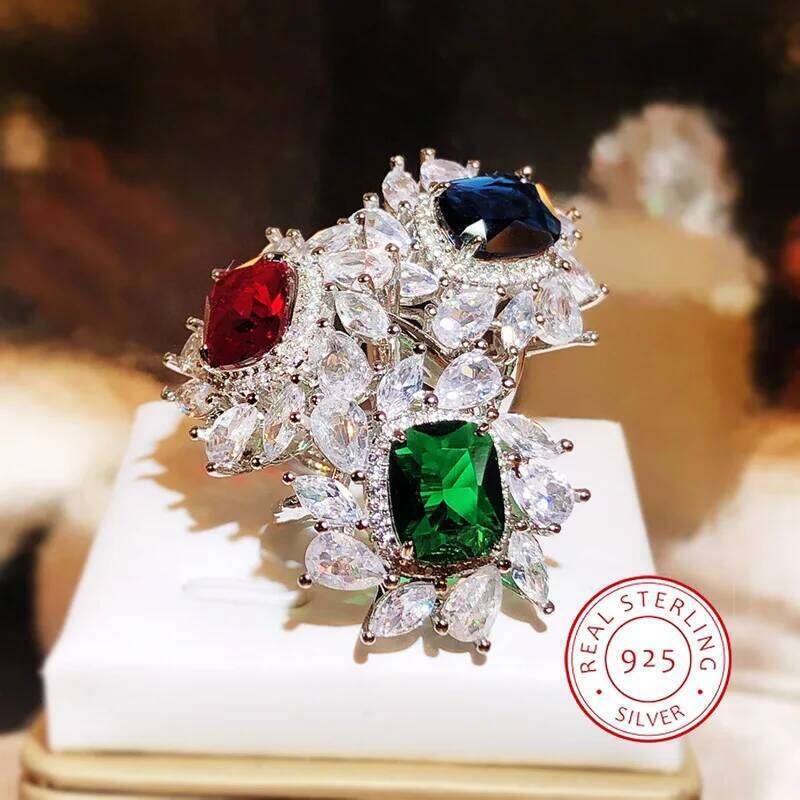 925 Silver Plated Exquisite for Women Fashion Pink Blue Green Shiny Zircon Ring Wedding Bridal Jewelry