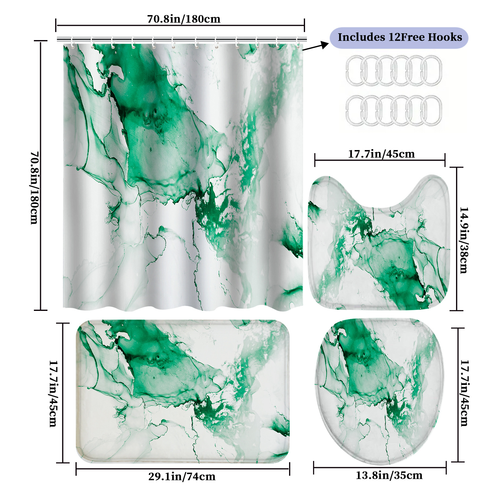 YL-38088 High-Definition Digital Printed Shower Curtain Set (4 Pieces), Waterproof, Drill-Free Bathroom Partition Curtain, Marble