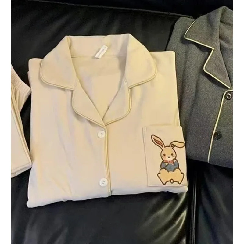 Embroidery Rabbit Sweet Cute 2 PC Set Womens Pajamas Casual Warm Autumn Winter Sleepwear Woman Fashion Soft Loungewear 251231