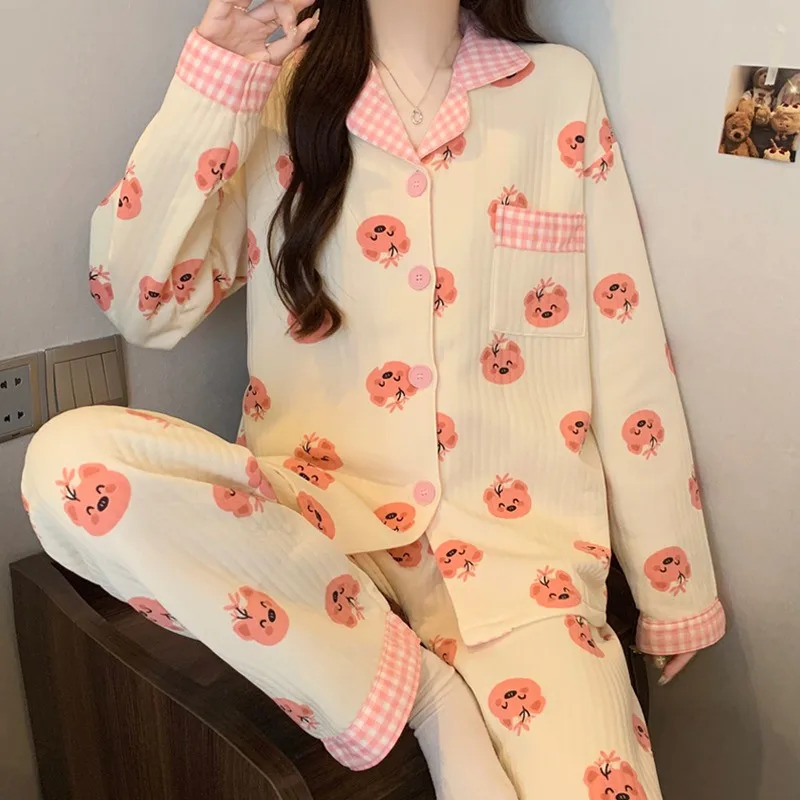TwoPiece Set Ladies Pajamas LongSleeved Cartoon Sweet Cute Print Cardigan Home Wear Simple Sleepwear Winter Autumn 251231