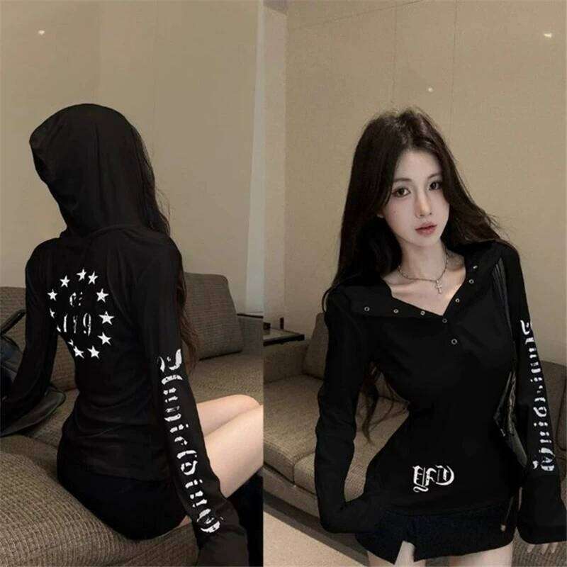 Student hooded long sleeved women's spring, autumn, winter spicy girl print top, base coat, outer wear, inner wear